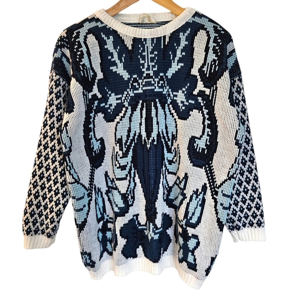 Vintage‎ Ivory Blue Abstract Jacquard Pullover Acrylic Sweater Small